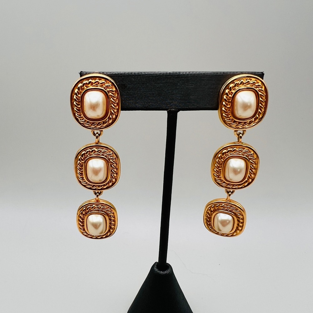 Vintage Pearl Triple Dangle Earrings Drop Statement Clip On Gold Tone